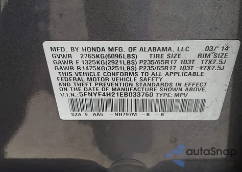 2014 Honda Pilot Lx из США, поврежденный, VIN 5FNYF4H21EB033760